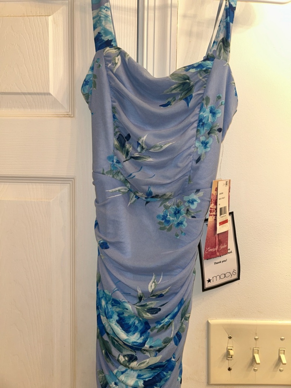 Macy's Light Blue Floral Ruched Cowl Dress